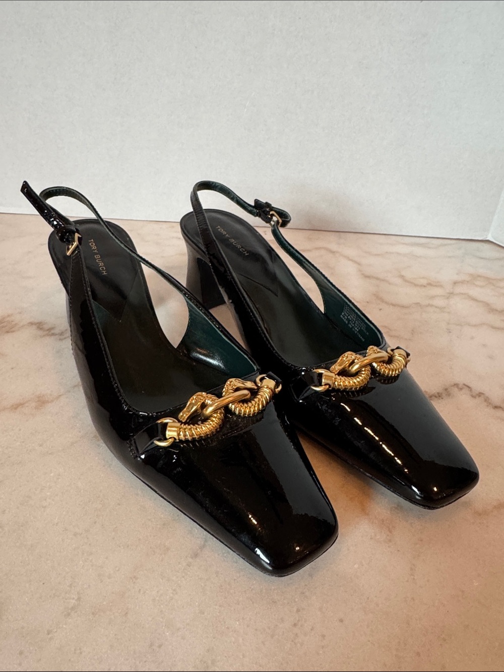 Tory Burch Jessa Black Patent Slingback Pumps with Gold Chain Accent